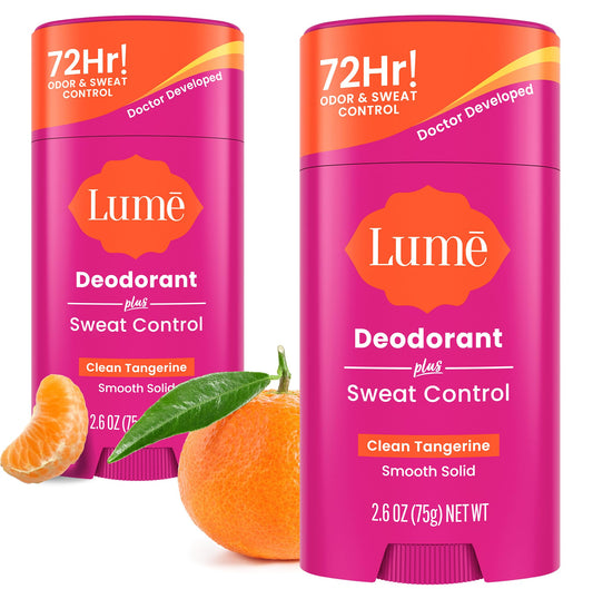 Lume Deodorant Plus Sweat Control smooth solid stick packaging showing Clean Tangerine scent for all-day freshness