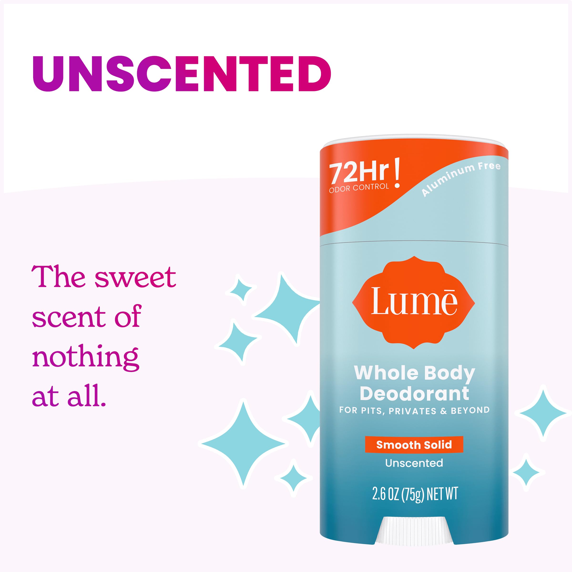 Lume unscented stick with cap-off image highlights even, skin-friendly odor protection