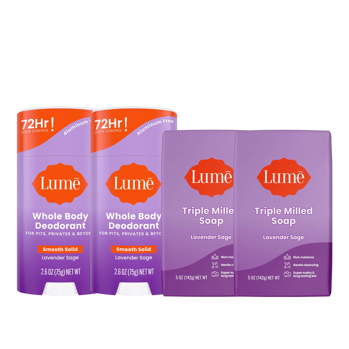 Lume deodorant sticks in lavender sage provide all-day odor control.
