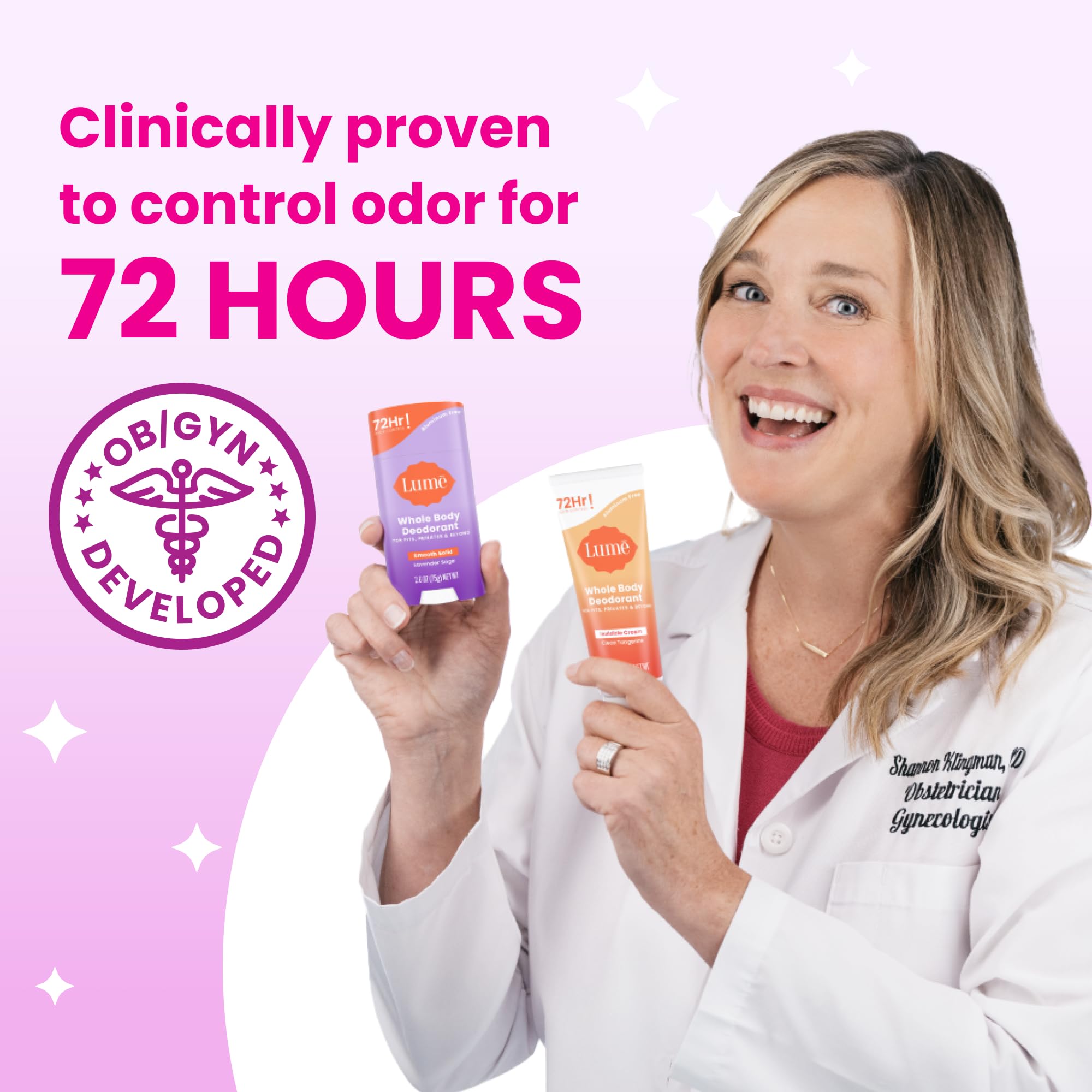 Lume pea-sized amount demonstrated with lotion-like rub-in.