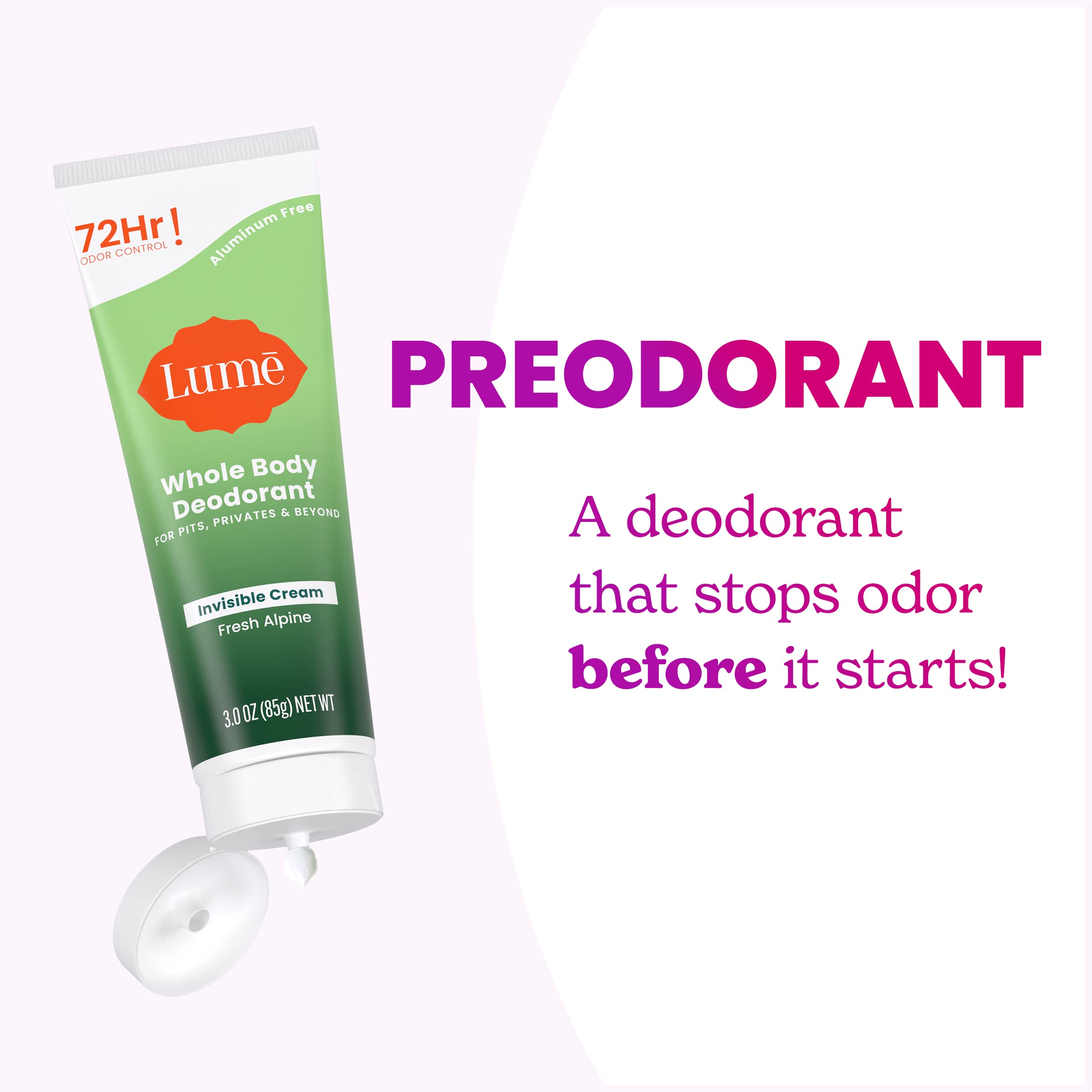 Lume packaging highlighting 72-hour odor control claim.