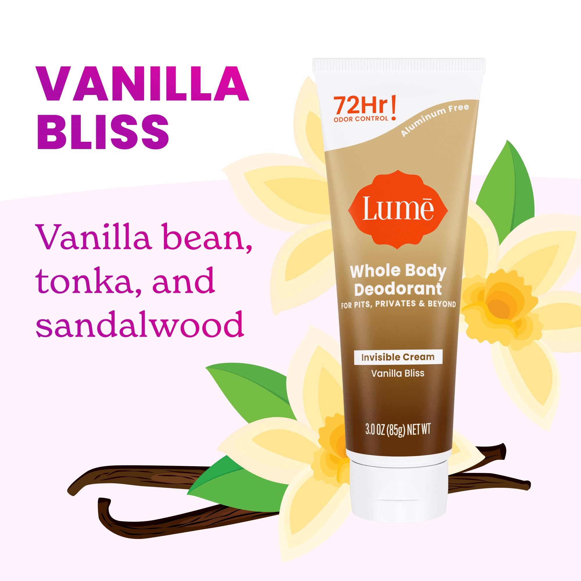 Lume Vanilla Bliss scent close-up highlights soothing fragrance.