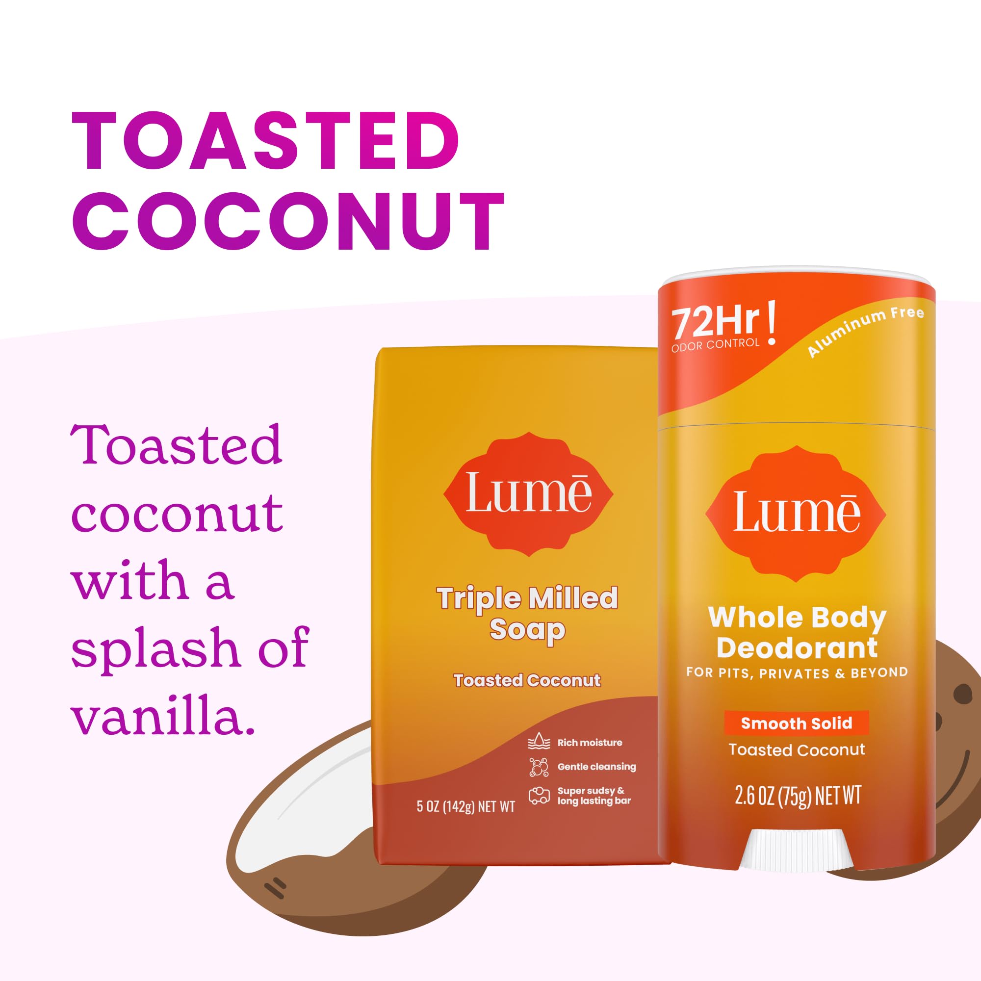 Lume soap triple milled toasted coconut bar for cleansing.