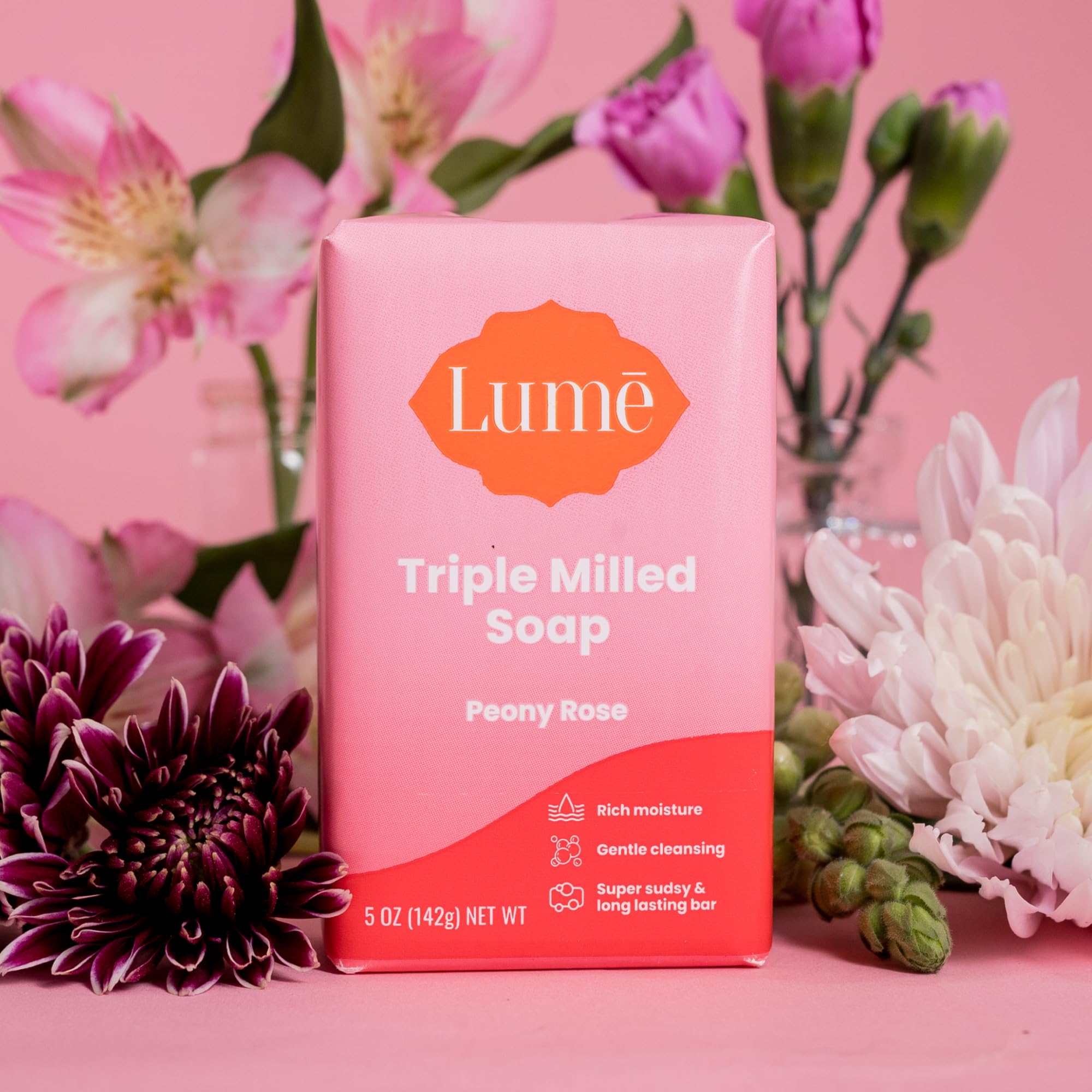 Lume Peony Rose soap bar highlighting moisture and soft skin feel.