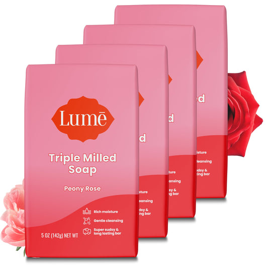 Lume Peony Rose soap pack showing the four bars and packaging.