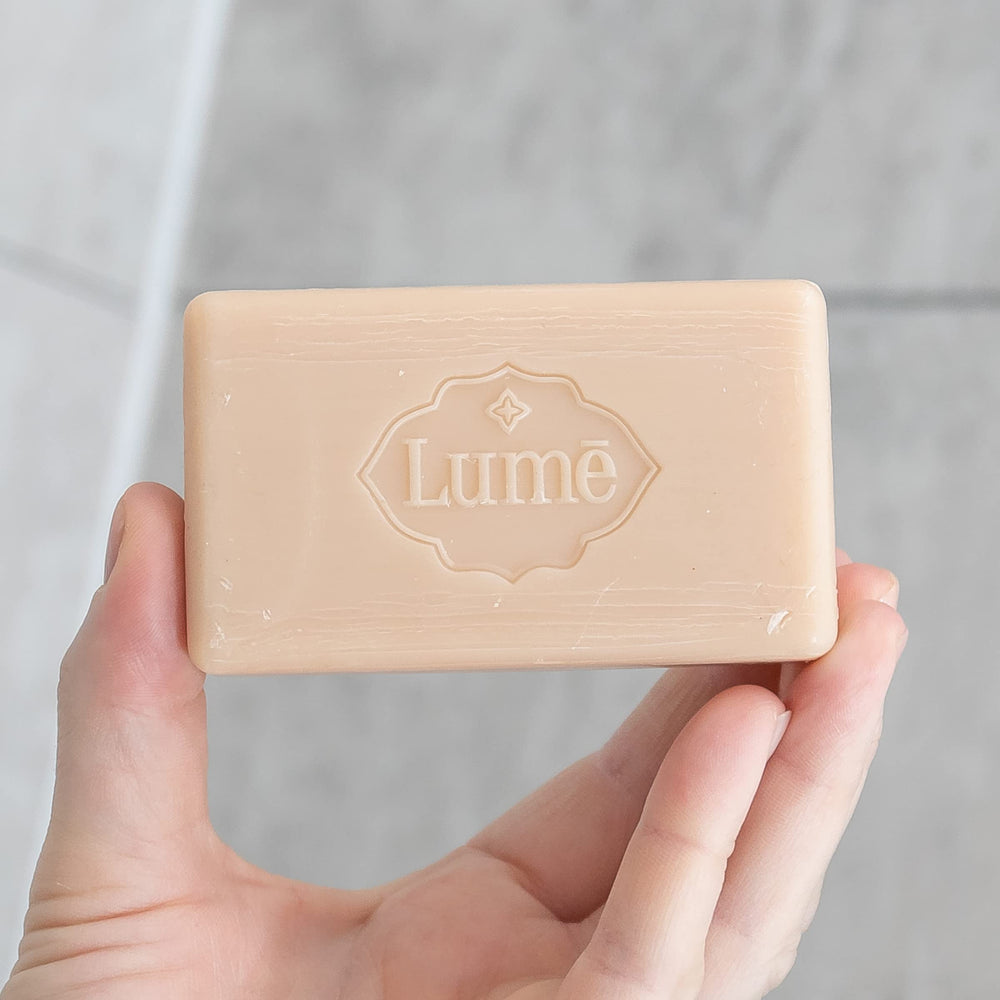 Lume Peony Rose soap bar used for shaving prep.