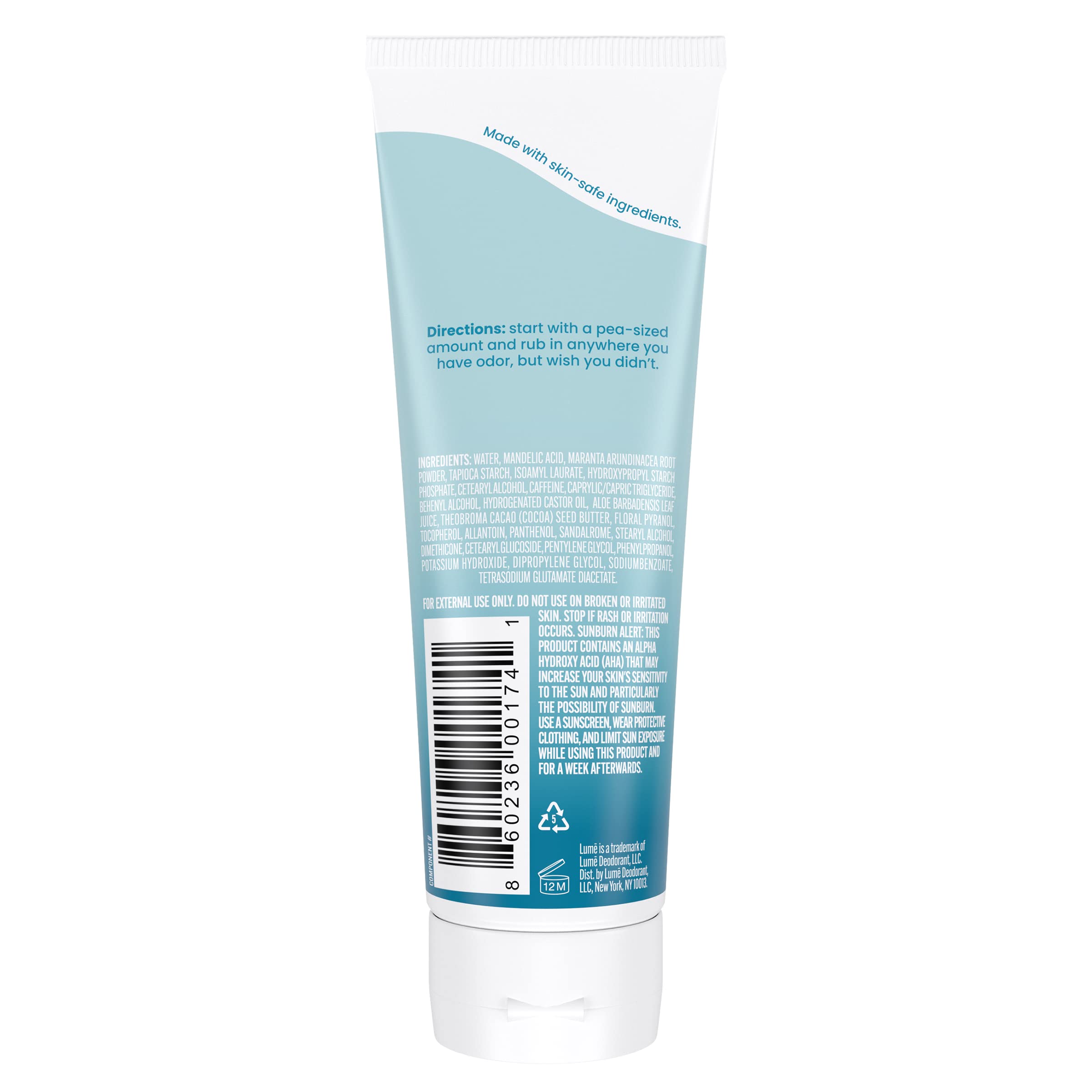 Lume unscented invisible cream tube close-up, smooth texture suitable for sensitive skin.