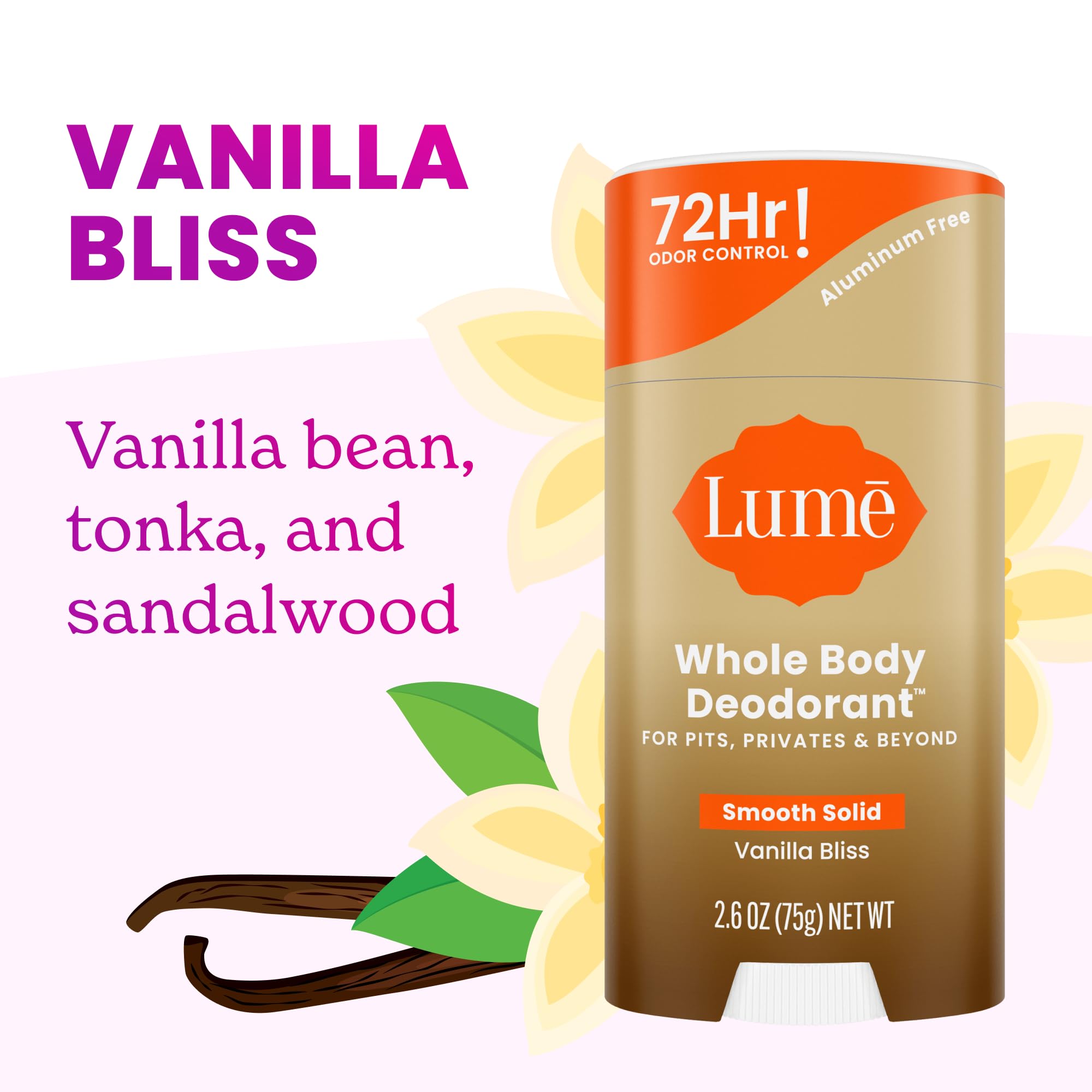 Graphic illustrating up to 72-hour odor control with Lume Vanilla Bliss.