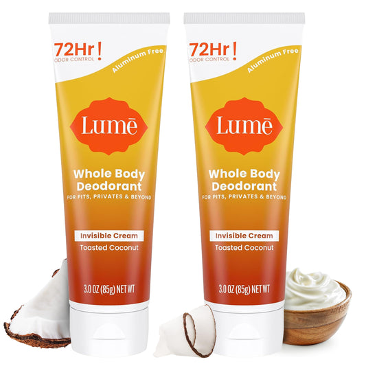Lume Whole Body Deodorant bottle with toasted coconut scent offering long-lasting odor control.