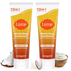 Lume Whole Body Deodorant bottle with toasted coconut scent offering long-lasting odor control.