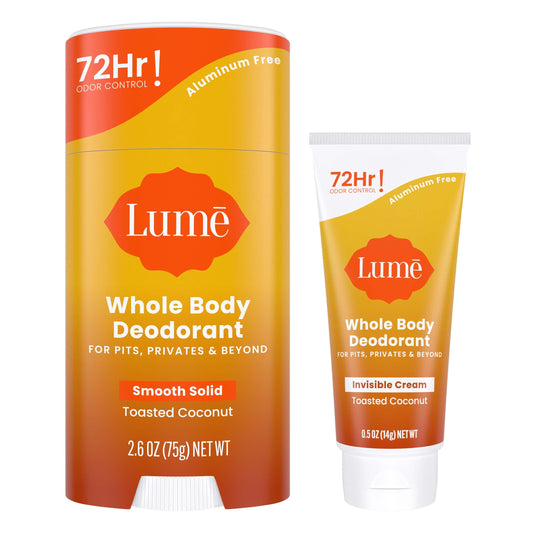 Lume Whole Body Deodorant invisible cream tube mini on underarms for all-day freshness.