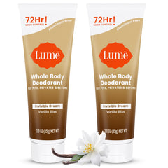 Lume Vanilla Bliss invisible cream tube shown for all-over odor control.