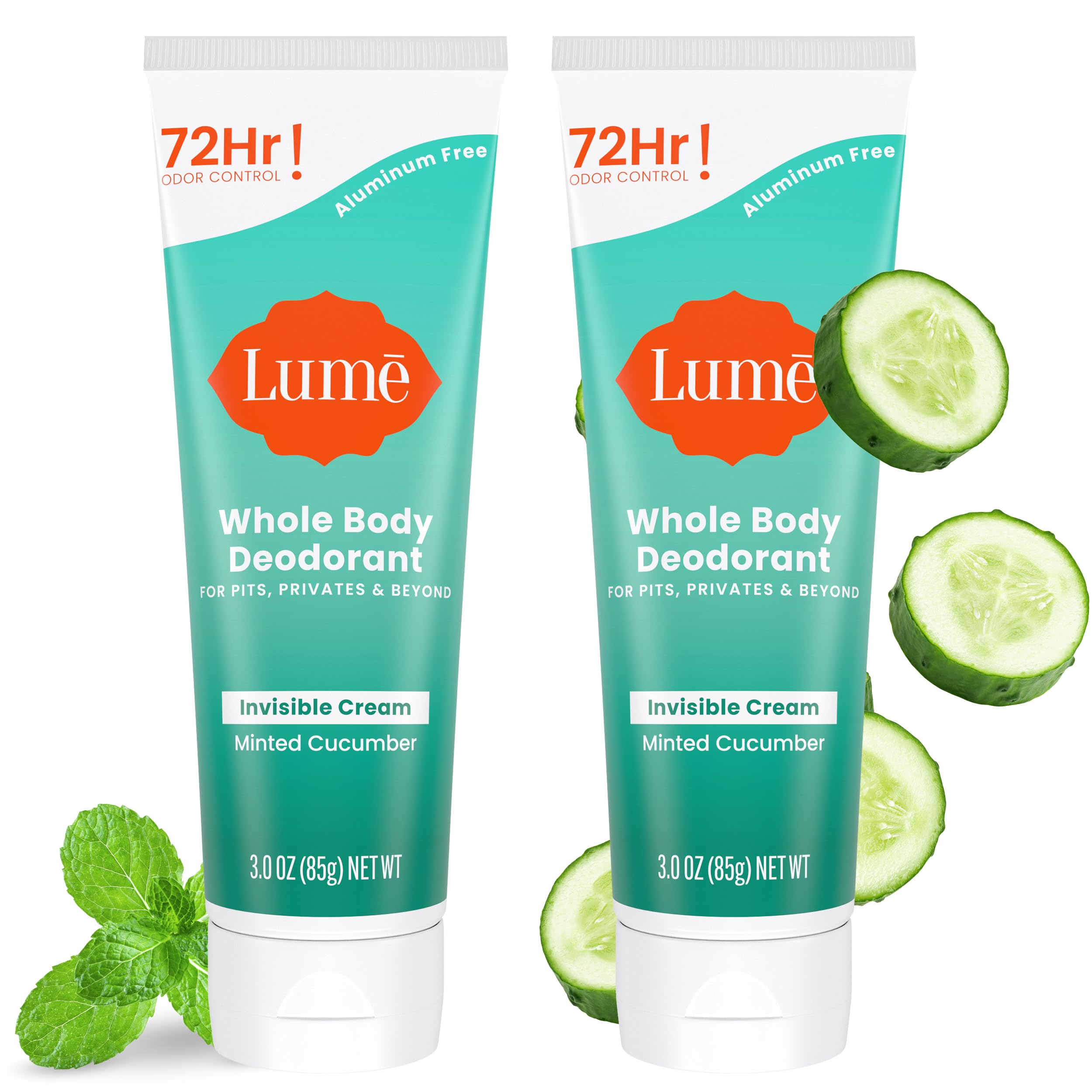 LUME Minted Cucumber invisible cream tube shown for lasting freshness.