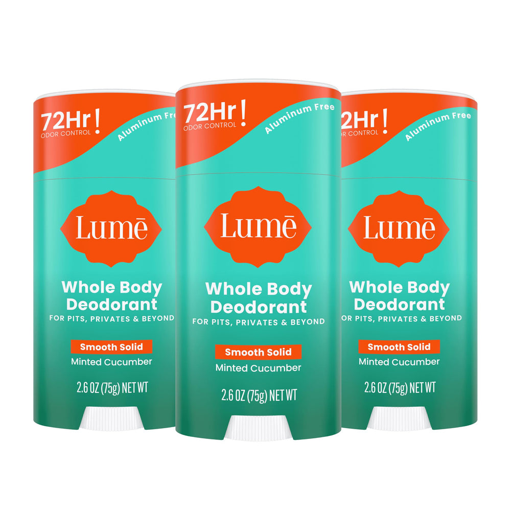 Lume Whole Body Deodorant Minted Cucumber pack with three sticks highlighting all-day odor control.