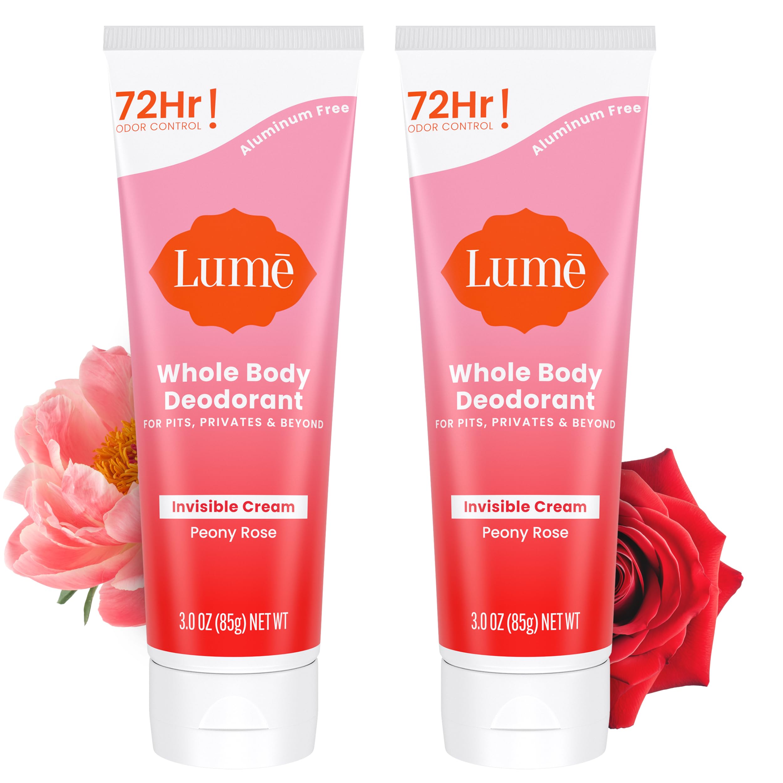 Lume Whole Body Deodorant Peony Rose invisible-cream tube ready for all-over odor control.