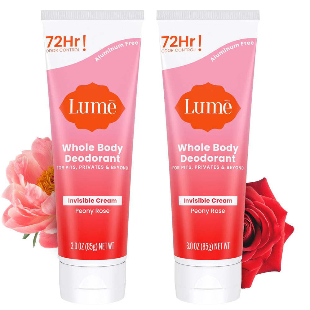 Lume Whole Body Deodorant Peony Rose invisible-cream tube ready for all-over odor control.