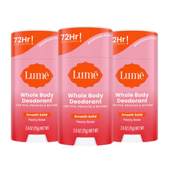 Lume Whole Body Deodorant smooth solid stick in Peony Rose with 3-pack for all-day odor control.