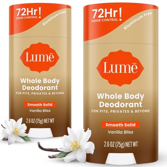 Lume Whole Body Deodorant Vanilla Bliss packshot shows aluminum-free and baking soda-free formula.
