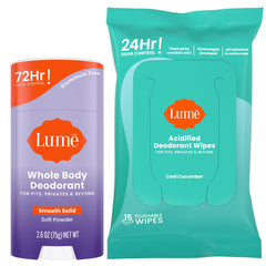Lume Whole Body Deodorant soft-powder stick glides on for all-day odor control.