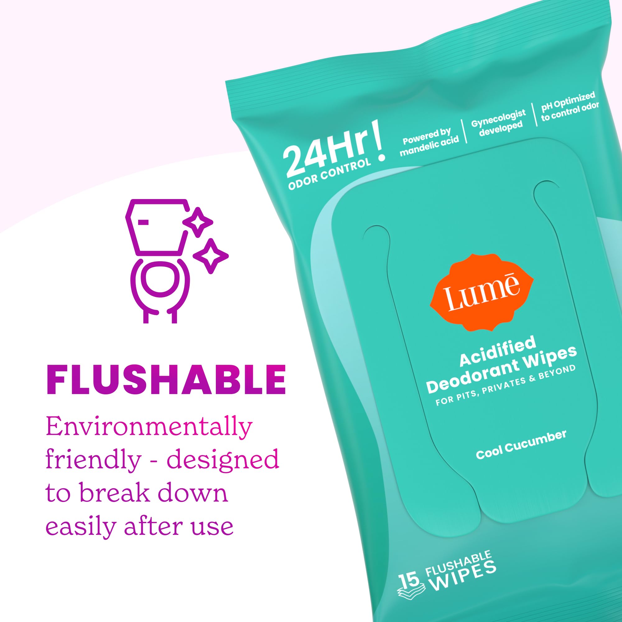 Flushable wipe label from Lume emphasizes eco-friendly disposal and convenience.