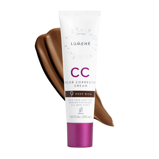 Lumene Color Correcting CC Cream bottle shows core benefit of redness reduction and hydration.