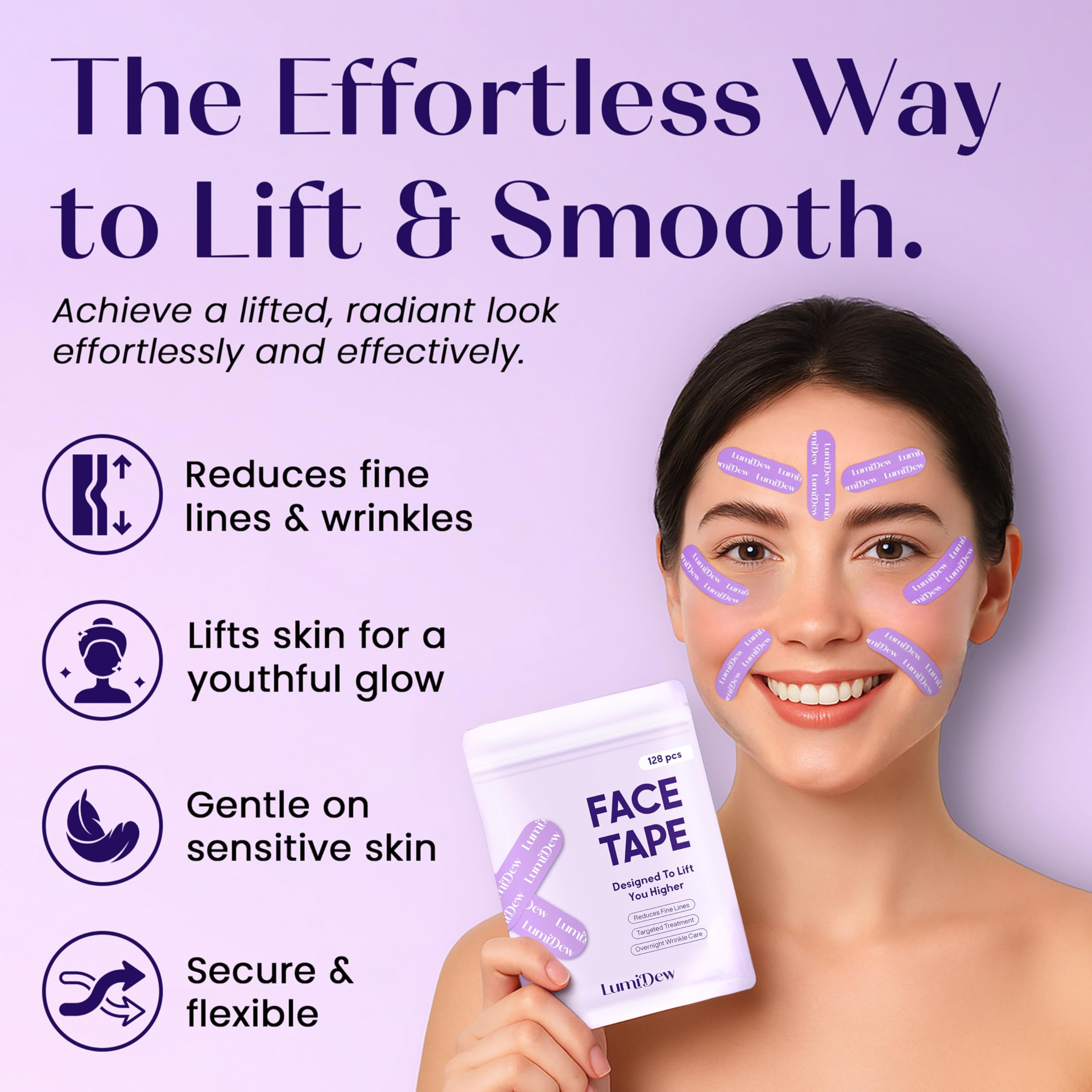 LumiDew face tape for forehead application shows gentle hold suitable for sensitive skin.