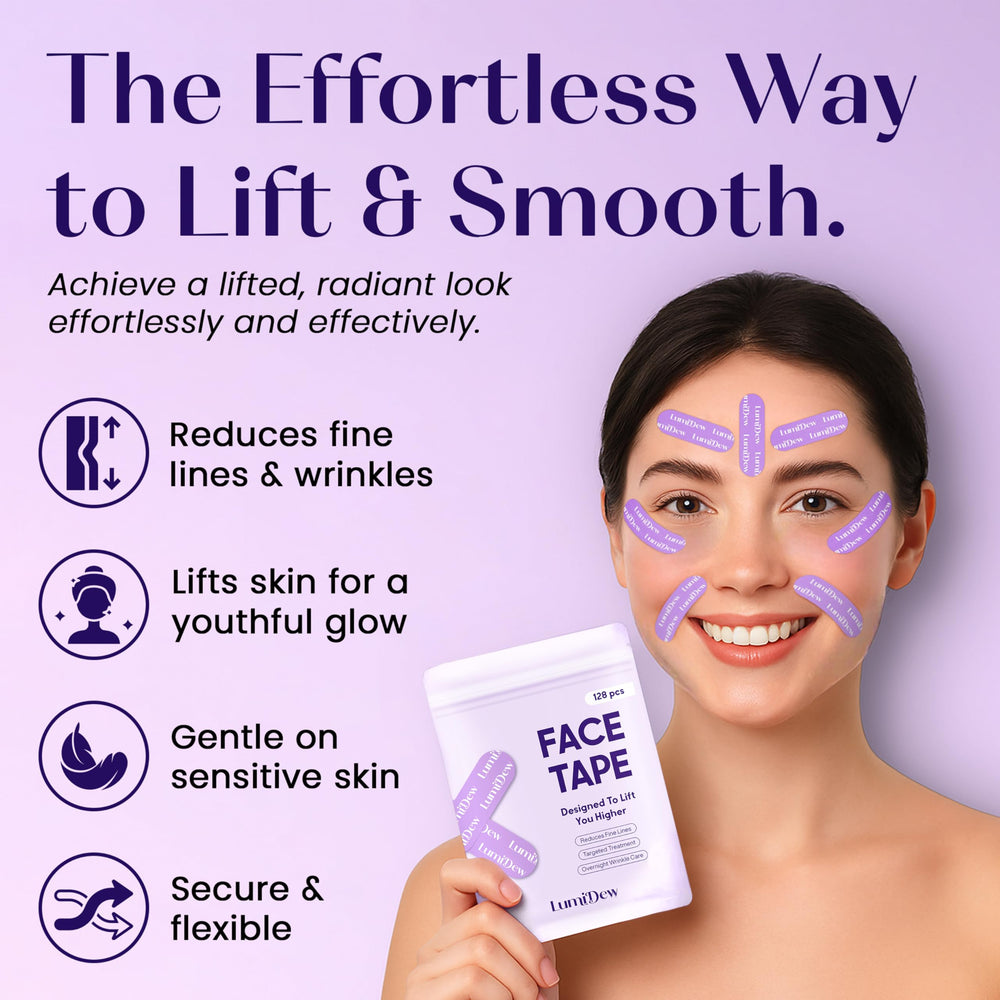 LumiDew face tape for forehead application shows gentle hold suitable for sensitive skin.