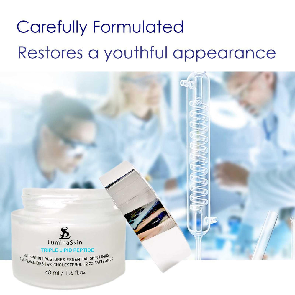 LuminaSkin mature skin glow shot suggests visible refinement and reduced pore appearance.