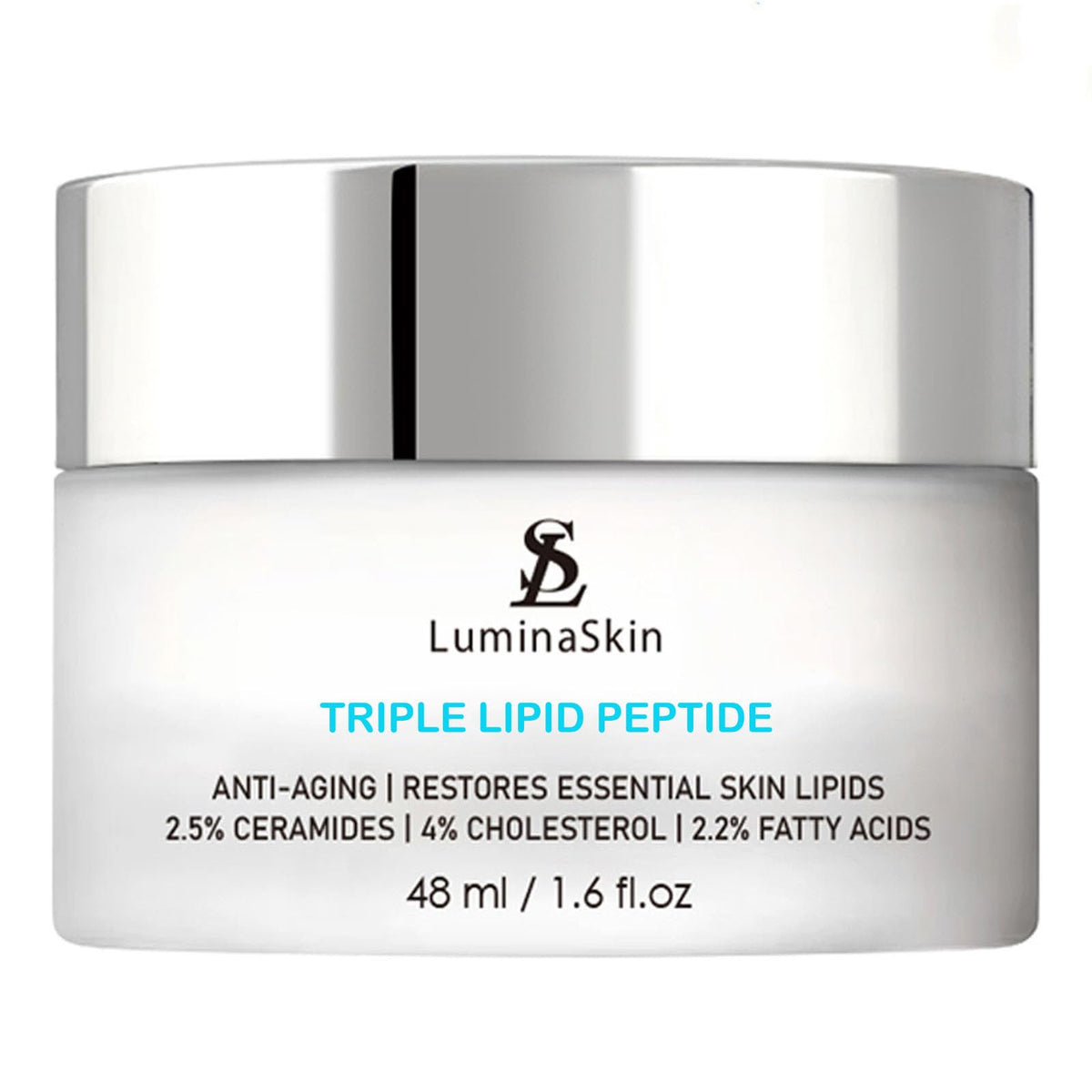 LuminaSkin Triple Lipid Peptide cream tub close-up highlighting rich texture for deep hydration.