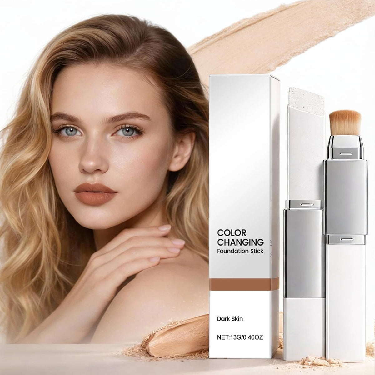 Lumine Skin color-changing foundation stick swatch shows natural match and glow