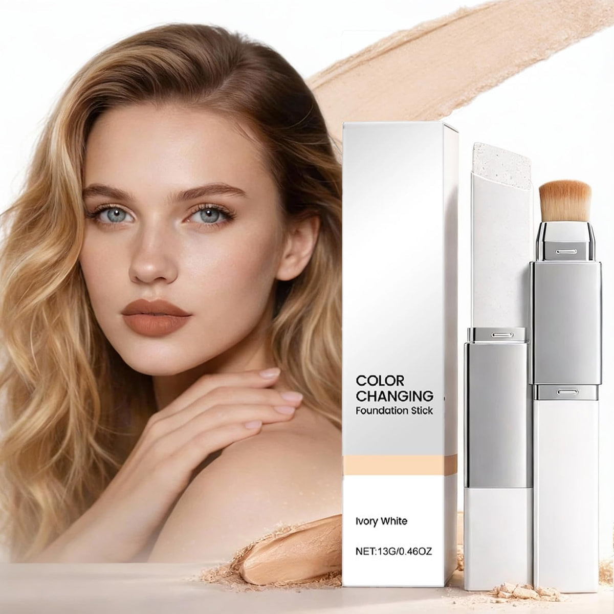 Lumine Skin color-changing foundation stick swatch creates an even complexion with color match.