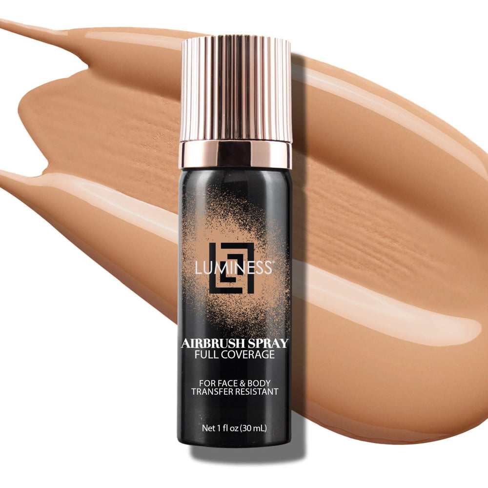 LUMINESS Airbrush body coverage bottle closeup showing a smooth, buildable finish.