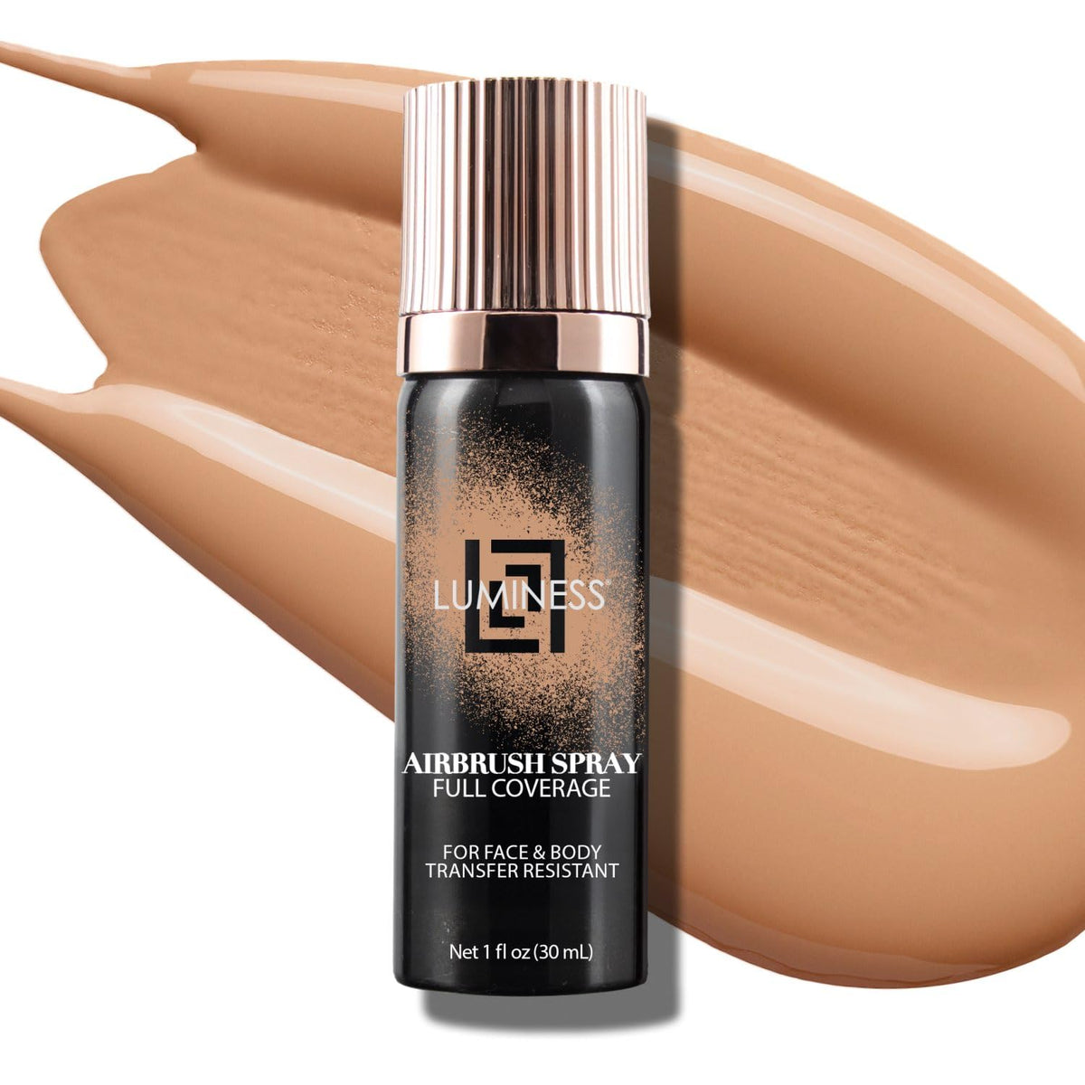 LUMINESS Airbrush body coverage bottle closeup showing a smooth, buildable finish.