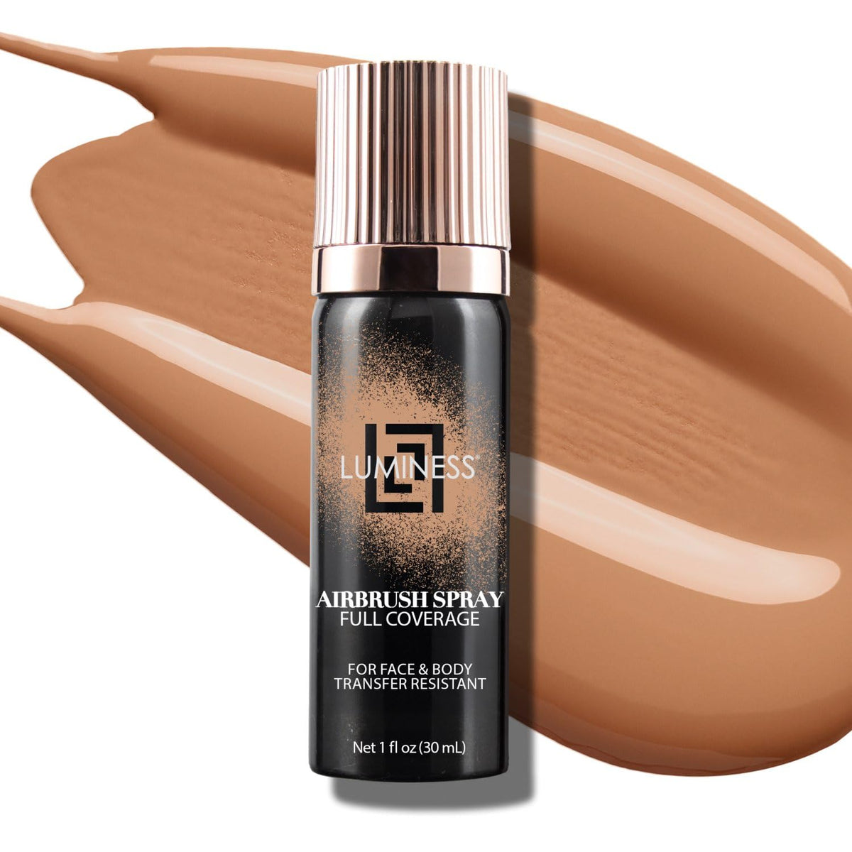 LUMINESS Airbrush Body Coverage bottle shows a lightweight base for smooth all-over finish.