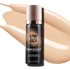 LUMINESS Airbrush foundation bottle close-up highlighting waterproof full-coverage finish.