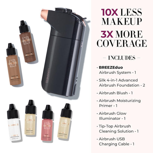 LUMINESS Breeze Duo foundation shade 16 bottle used for seamless coverage.