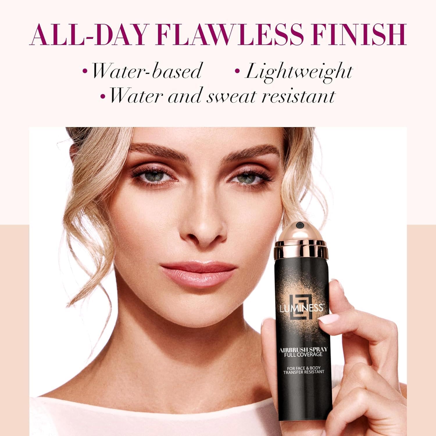 Luminess large angled buffing brush setup for even body blending.