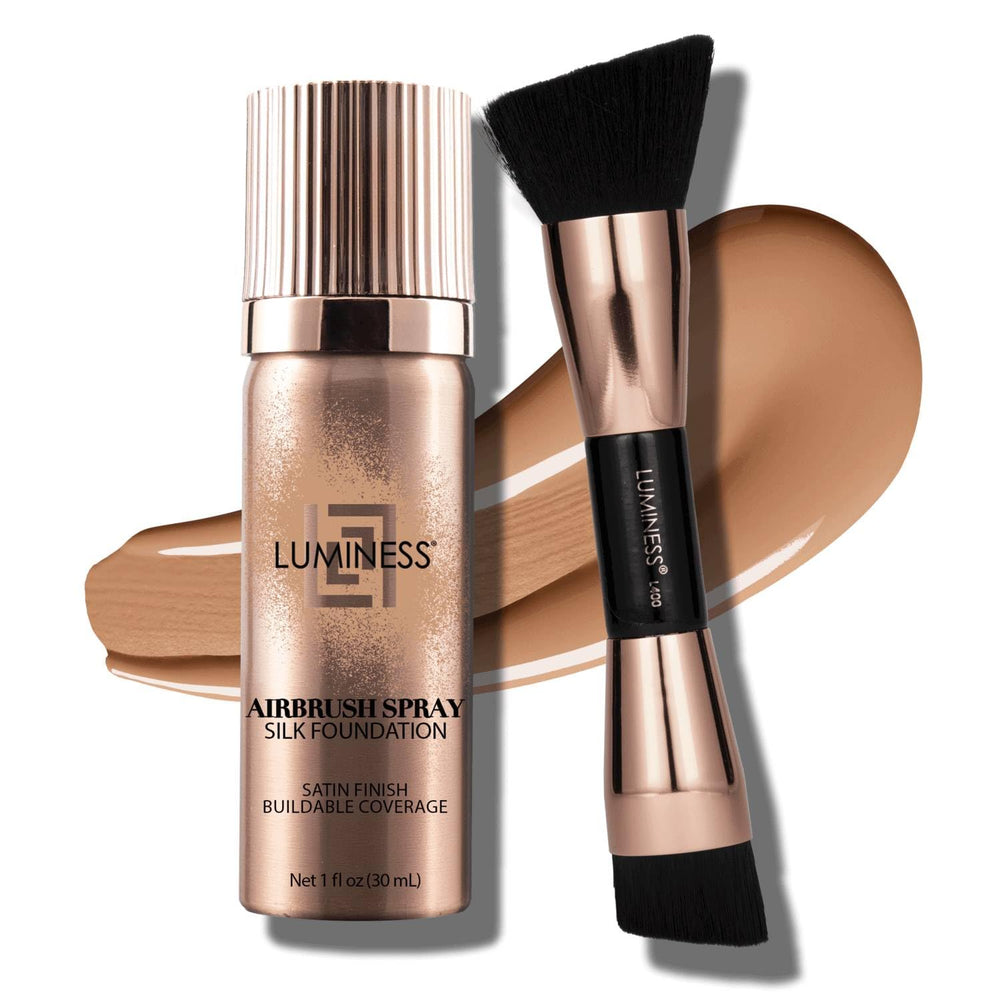 LUMINESS Silk airbrush foundation bottle close-up showing buildable, natural coverage.