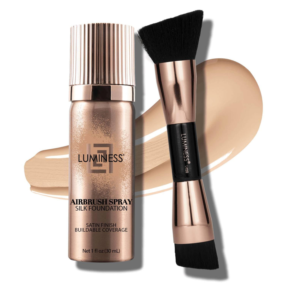 LUMINESS Silk Airbrush Foundation bottle showing lightweight, buildable coverage for a natural look.