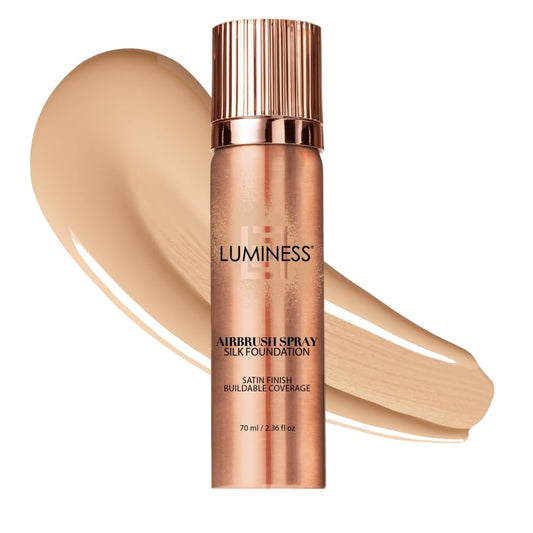 LUMINESS Silk Airbrush Spray Foundation bottle in Fair shade for even coverage.