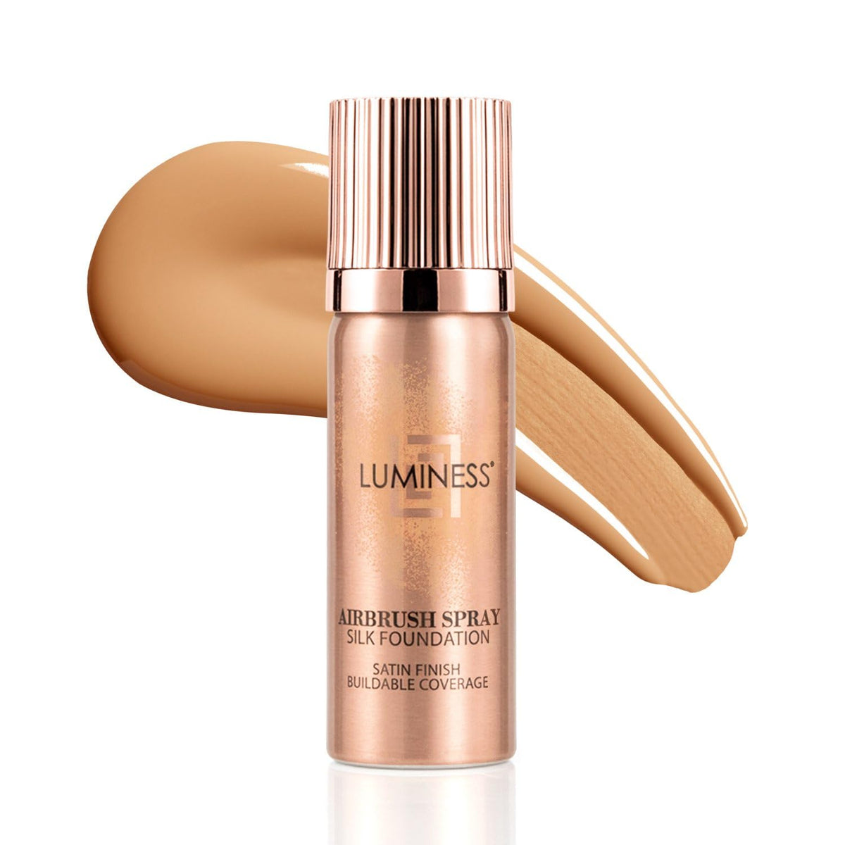 LUMINESS Silk Airbrush Foundation bottle close-up, showing buildable coverage and a natural finish
