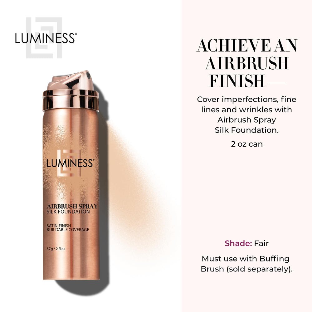 LUMINESS Silk Airbrush spray mist close-up showing buildable coverage.