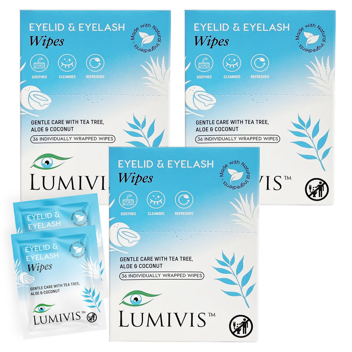 Lumivis Tea Tree Eyelid Wipes box with 108 pads for daily eyelid hygiene.