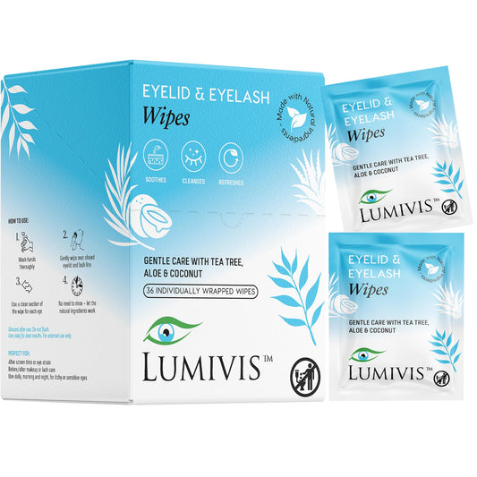 Lumivis Tea Tree Eyelid Wipes packaging for daily cleansing