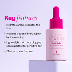 Luna Bronze Good Night Drops amber-tinted bottle emphasizing a rich hydrating formula.