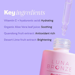 Luna Bronze Good Night Drops glow portrait suggesting morning radiance.