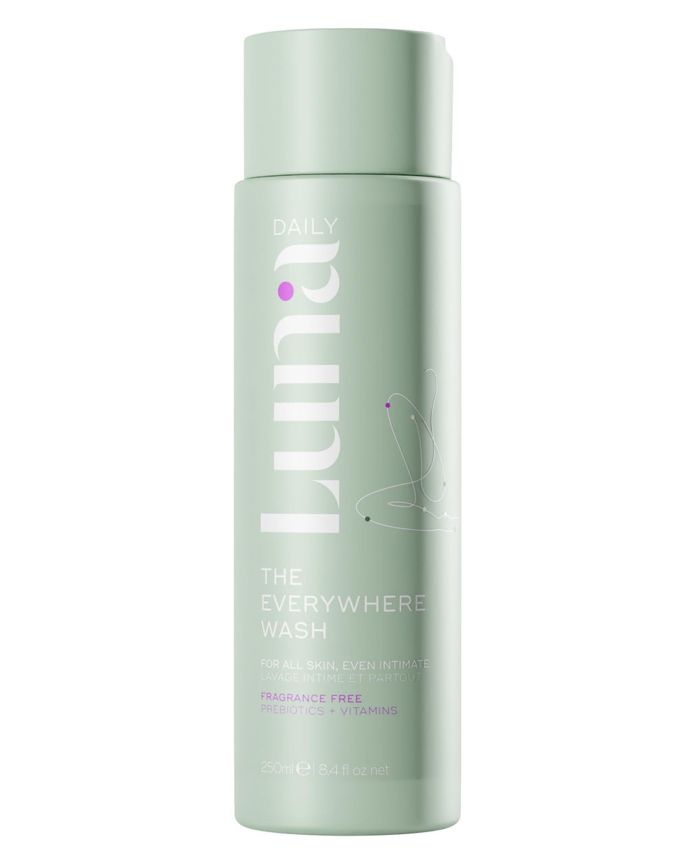 Luna Daily fragrance-free feminine wash bottle front view showing bottle design for sensitive skin benefits