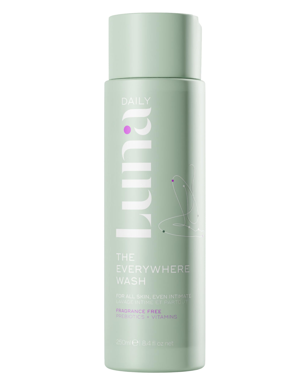 Luna Daily fragrance-free feminine wash bottle front view showing bottle design for sensitive skin benefits