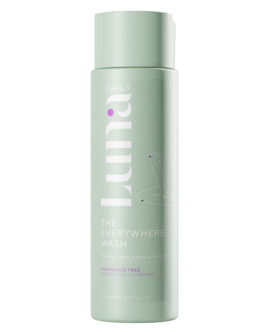 Luna Daily fragrance-free feminine wash bottle front view showing bottle design for sensitive skin benefits