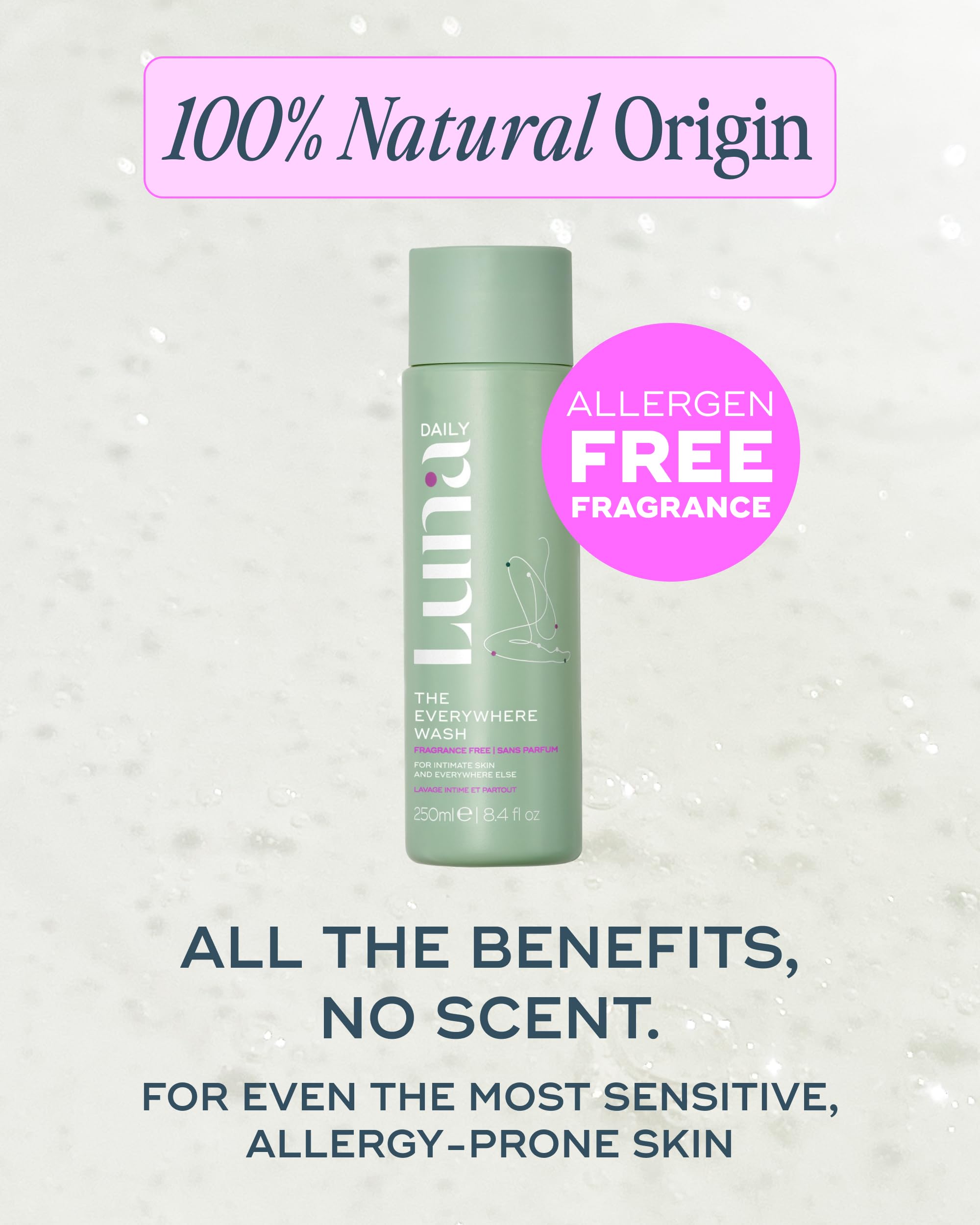 Luna Daily fragrance-free wash packaging with dermatologist note for trusted safety